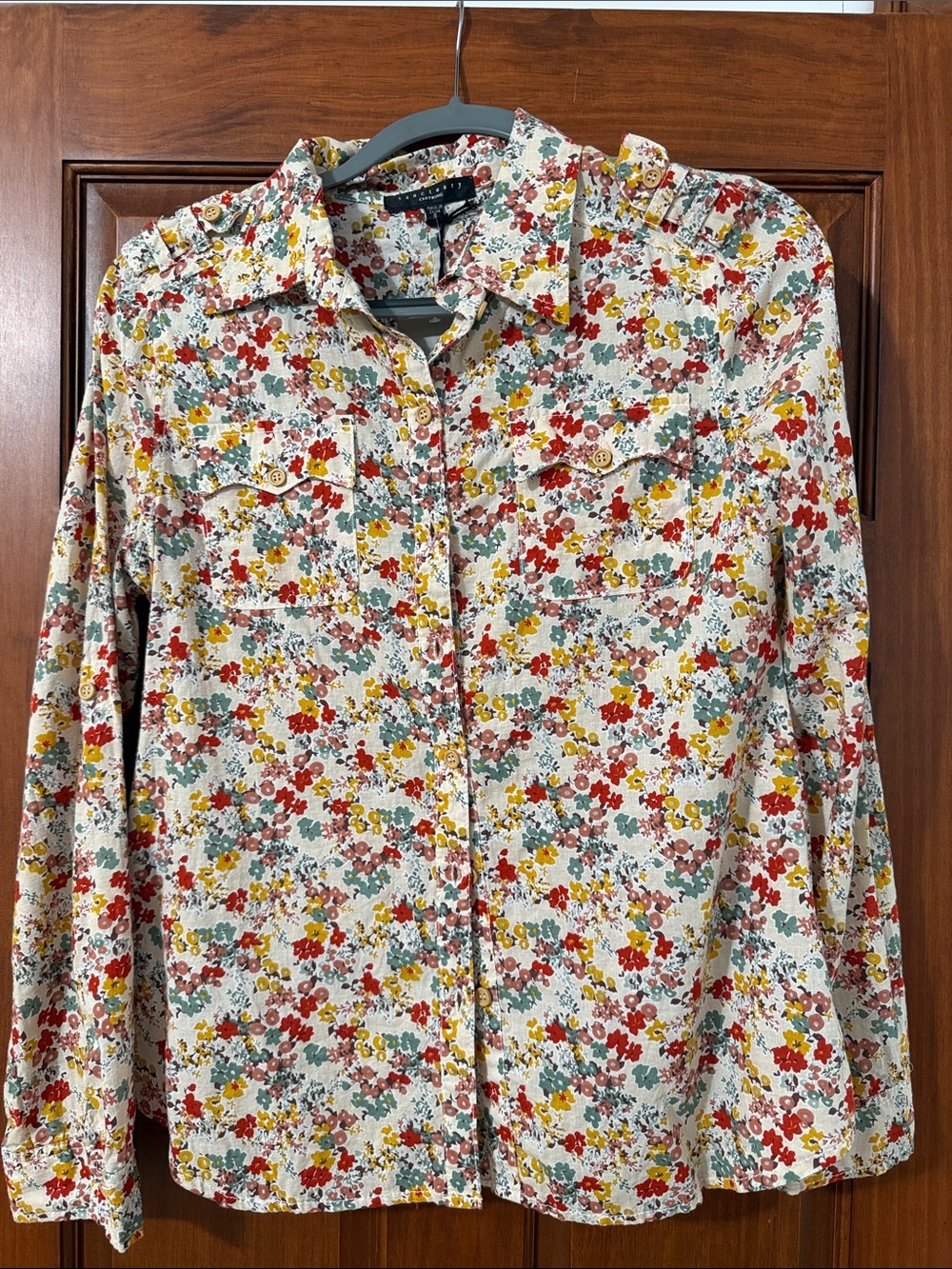 Sanctuary Cream Floral Button-Down Blouse with Red, Yellow & Green Blossoms